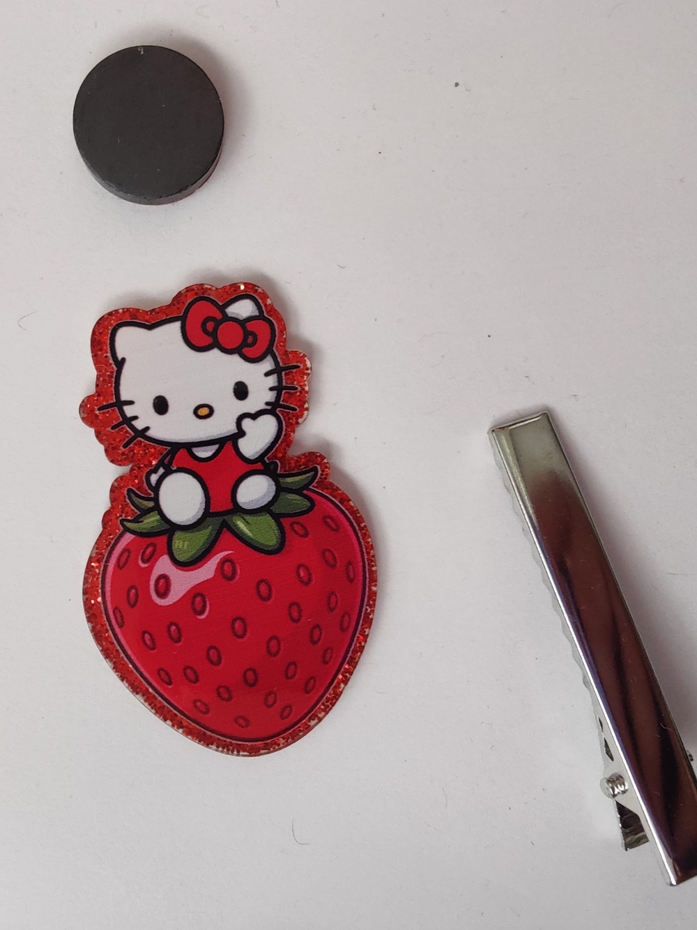 Custom Handmade Character Magnet or Hair Clip- Strawberry Hello Kitty